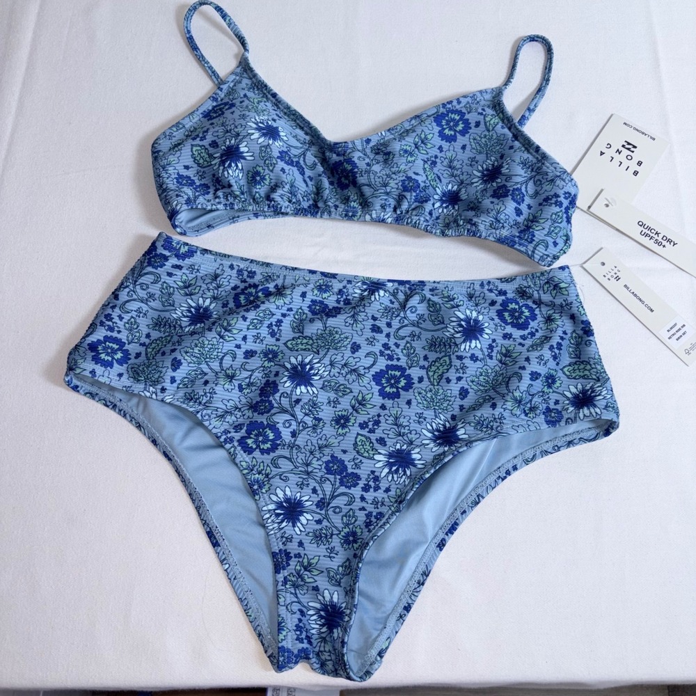 Billabong Bikini Set Large Blue Floral Ribbed High Waisted New Quick Dry UPF 50+